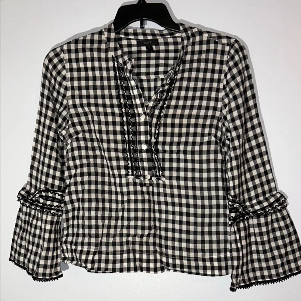 J. Crew Black and White‎ Checkered Blouse with ruffles tunic 100% cotton size 6